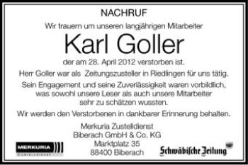 Anzeige von Karl Goller von Schwäbische Zeitung
