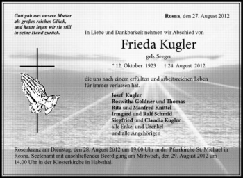 Anzeige von Frieda Kugler von Schwäbische Zeitung