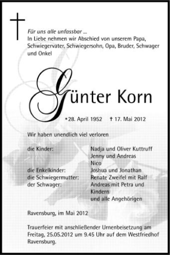 Anzeige von Günter Korn von Schwäbische Zeitung