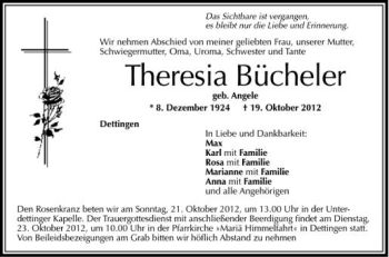 Anzeige von Theresia Bücheler von Schwäbische Zeitung