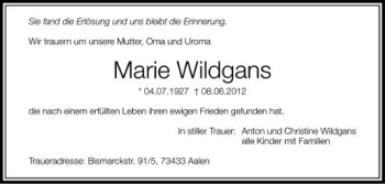 Anzeige von Marie Wildgans von Schwäbische Zeitung