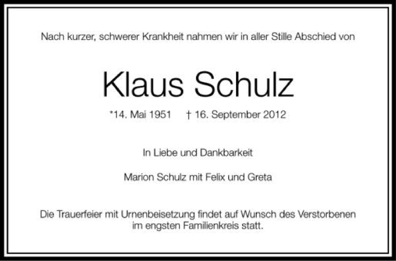  Traueranzeige für Klaus Schulz vom 19.09.2012 aus Schwäbische Zeitung