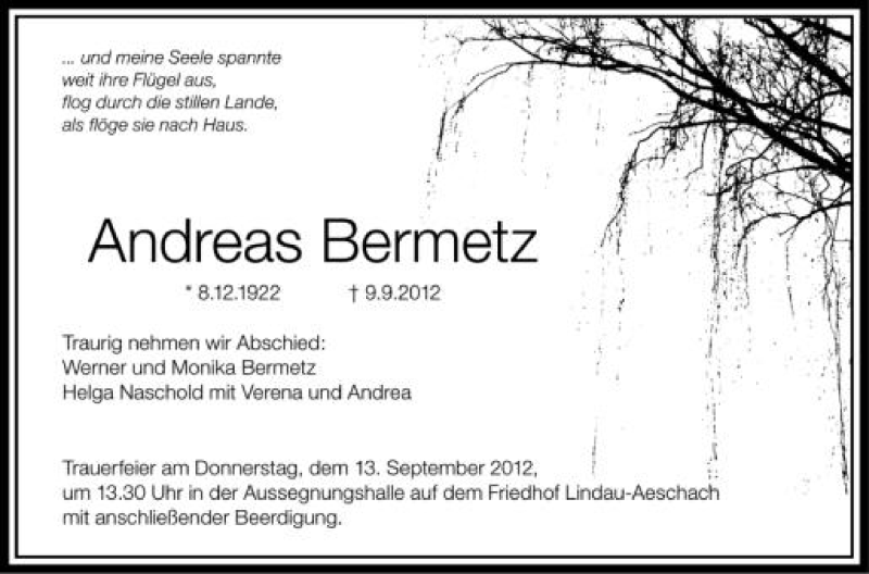  Traueranzeige für Andreas Bermetz vom 12.09.2012 aus Schwäbische Zeitung