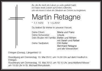 Anzeige von Martin Retagne von Schwäbische Zeitung