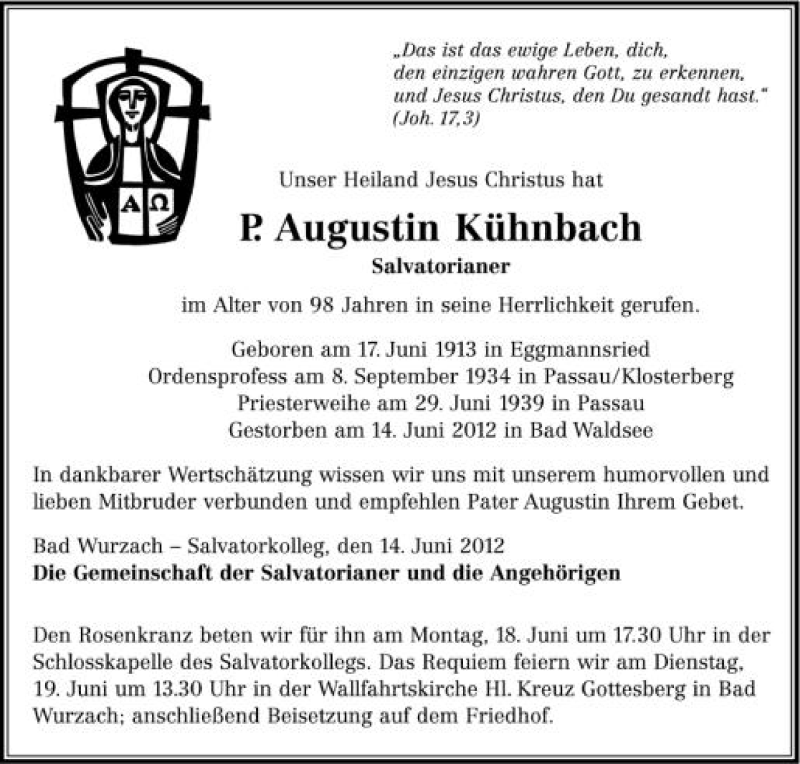  Traueranzeige für Augustin Kühnbach vom 16.06.2012 aus Schwäbische Zeitung