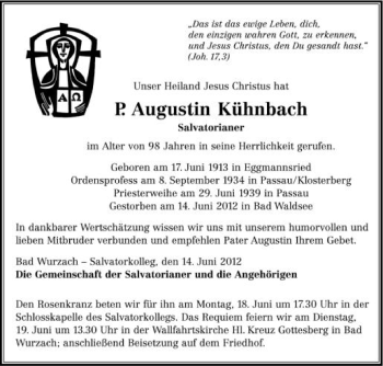Anzeige von Augustin Kühnbach von Schwäbische Zeitung