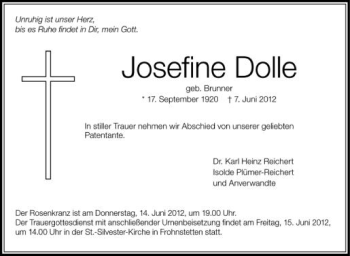 Anzeige von Josefine Dolle von Schwäbische Zeitung
