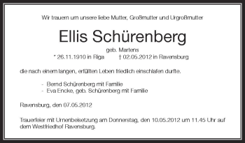 Anzeige von Ellis Schürenberg von Schwäbische Zeitung