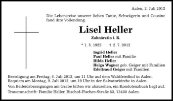 Anzeige von Lisel Heller von Schwäbische Zeitung