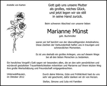 Anzeige von Marianne Münst von Schwäbische Zeitung