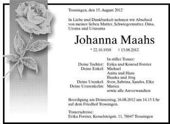 Anzeige von Johanna Maahs von Schwäbische Zeitung
