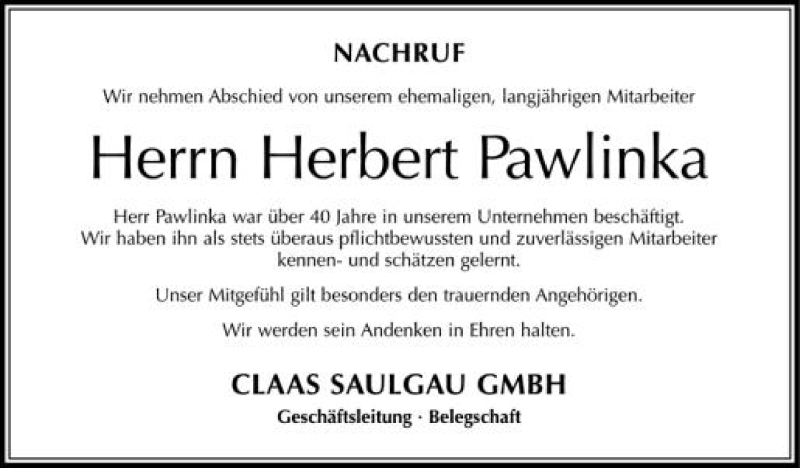  Traueranzeige für Herbert Pawlinka vom 05.06.2012 aus Schwäbische Zeitung