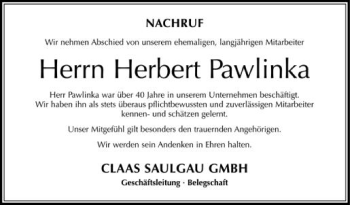 Anzeige von Herbert Pawlinka von Schwäbische Zeitung