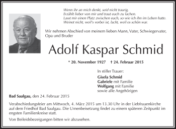 Anzeige von Adolf Kaspar Schmid von Schwäbische Zeitung