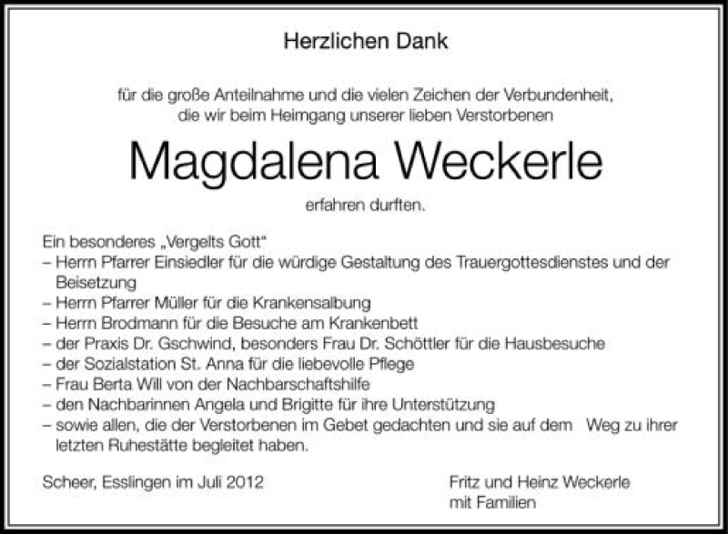  Traueranzeige für Magdalena Weckerle vom 04.08.2012 aus Schwäbische Zeitung