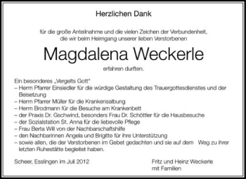 Anzeige von Magdalena Weckerle von Schwäbische Zeitung
