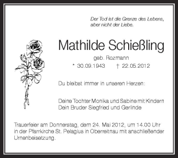 Anzeige von Mathilde Schießling von Schwäbische Zeitung