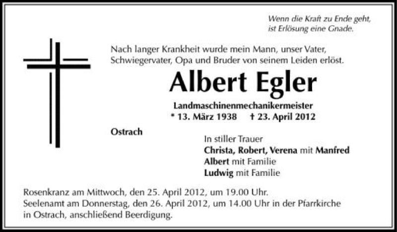  Traueranzeige für Albert Egler vom 25.04.2012 aus Schwäbische Zeitung