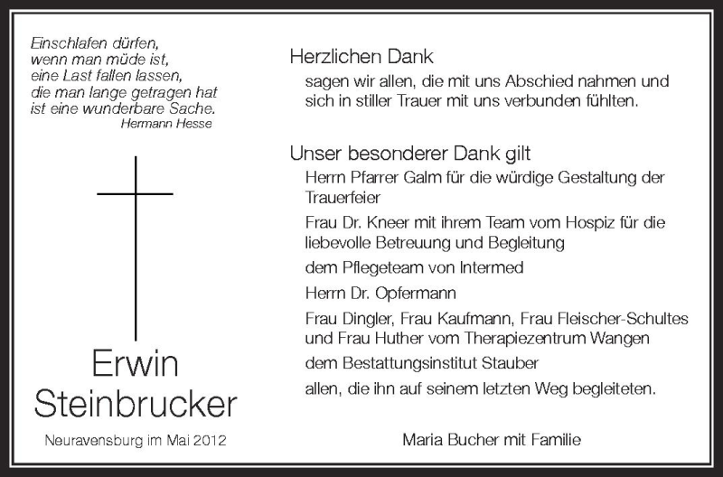  Traueranzeige für Erwin Steinbrucker vom 26.05.2012 aus Schwäbische Zeitung