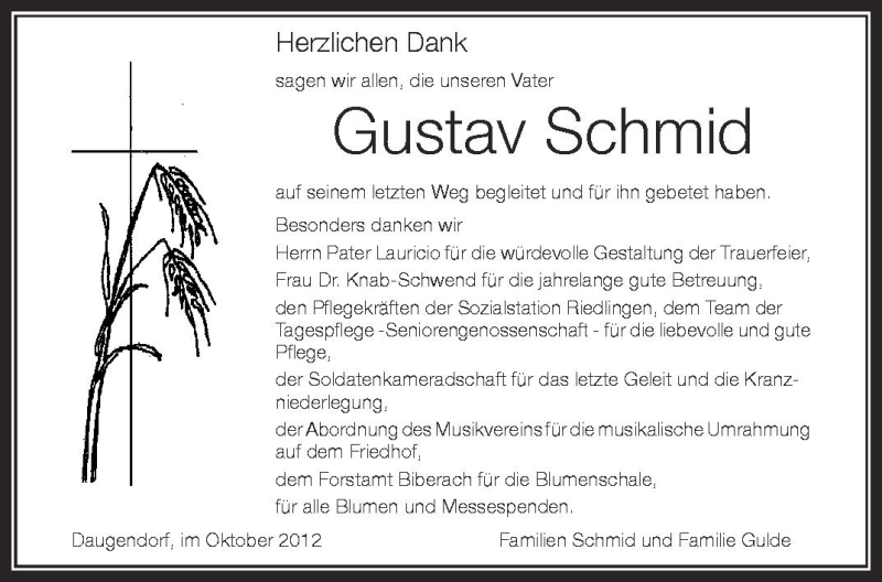  Traueranzeige für Gustav Schmid vom 02.10.2012 aus Schwäbische Zeitung