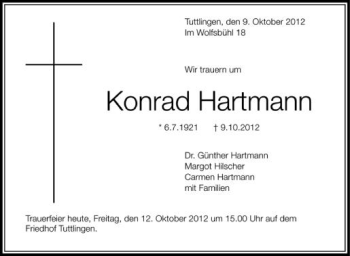 Anzeige von Konrad Hartmann von Schwäbische Zeitung