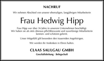 Anzeige von Hedwig Hipp von Schwäbische Zeitung