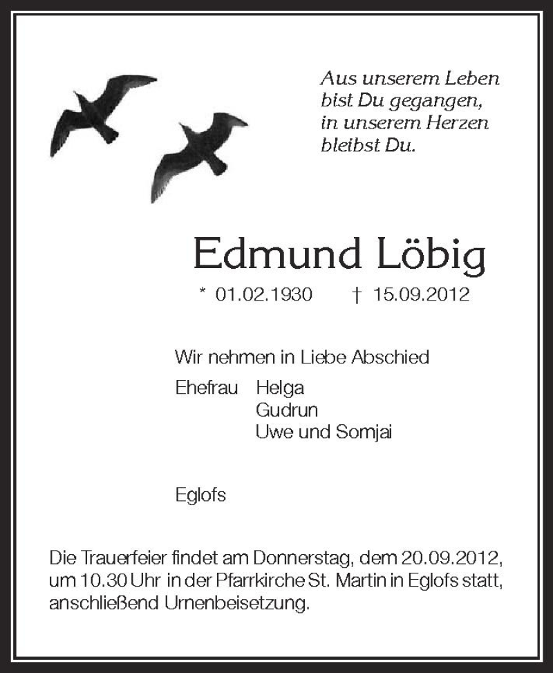  Traueranzeige für Edmund Löbig vom 18.09.2012 aus Schwäbische Zeitung