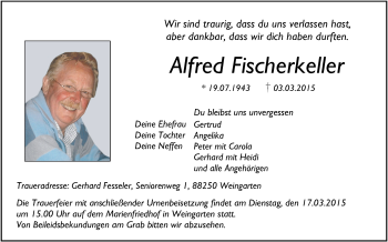 Anzeige von Alfred Fischerkeller von Schwäbische Zeitung