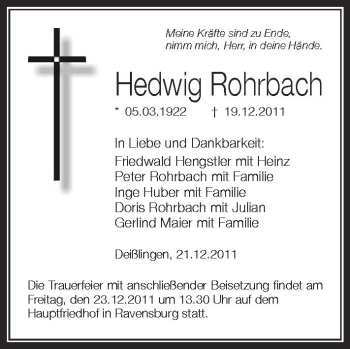 Anzeige von Hedwig Rohrbach von Schwäbische Zeitung