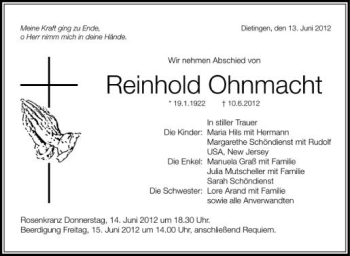 Anzeige von Reinhold Ohnmacht von Schwäbische Zeitung