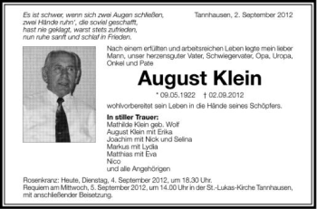 Anzeige von August Klein von Schwäbische Zeitung