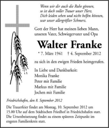 Anzeige von Walter Franke von Schwäbische Zeitung