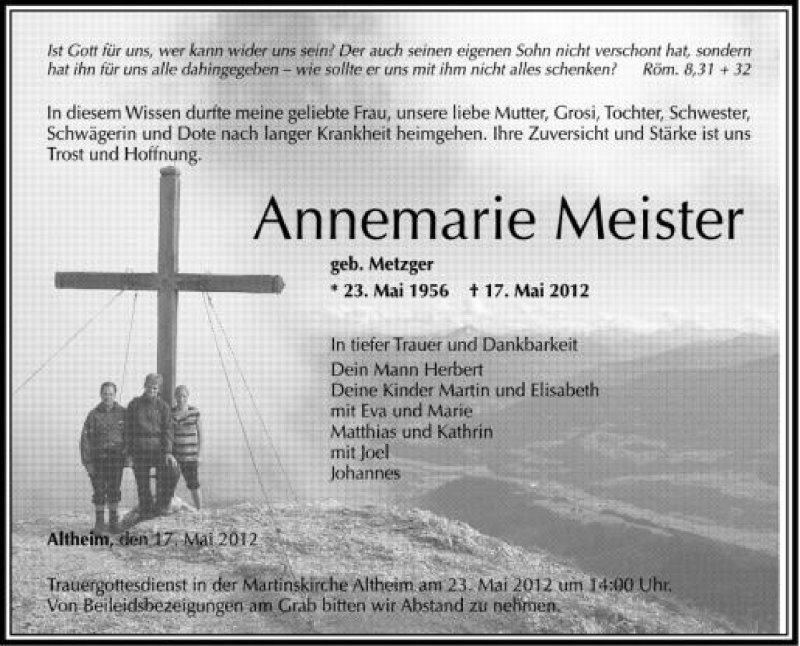  Traueranzeige für Annemarie Meister vom 21.05.2012 aus Schwäbische Zeitung