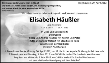 Anzeige von Elisabeth Häußler von Schwäbische Zeitung