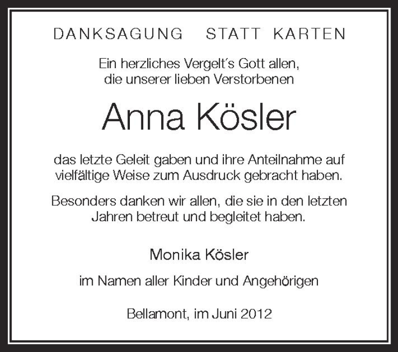  Traueranzeige für Anna Kösler vom 23.06.2012 aus Schwäbische Zeitung