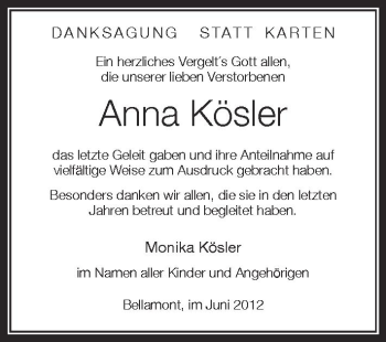 Anzeige von Anna Kösler von Schwäbische Zeitung
