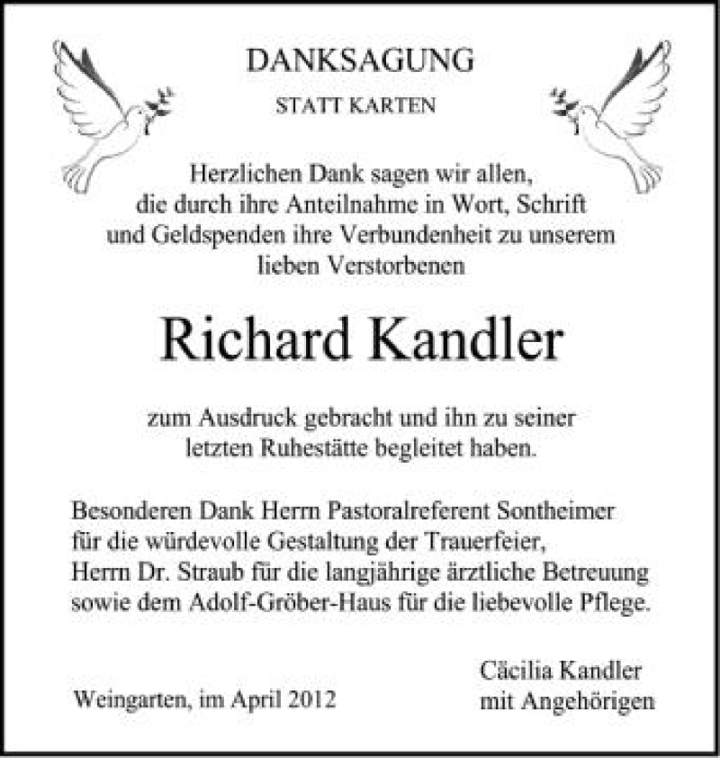  Traueranzeige für Richard Kandler vom 14.04.2012 aus Schwäbische Zeitung