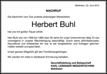 Anzeige von Herbert Buhl von Schwäbische Zeitung