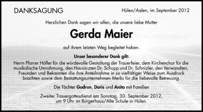  Traueranzeige für Gerda Maier vom 28.09.2012 aus Schwäbische Zeitung