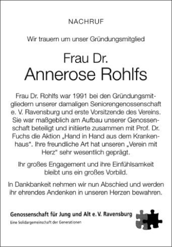 Anzeige von Annerose Rohlfs von Schwäbische Zeitung