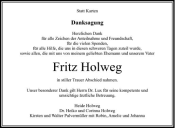Anzeige von Fritz Holweg von Schwäbische Zeitung
