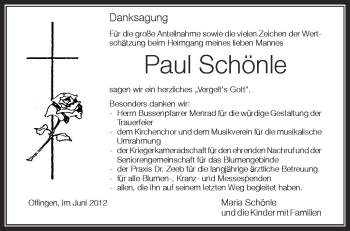 Anzeige von Paul Schönle von Schwäbische Zeitung