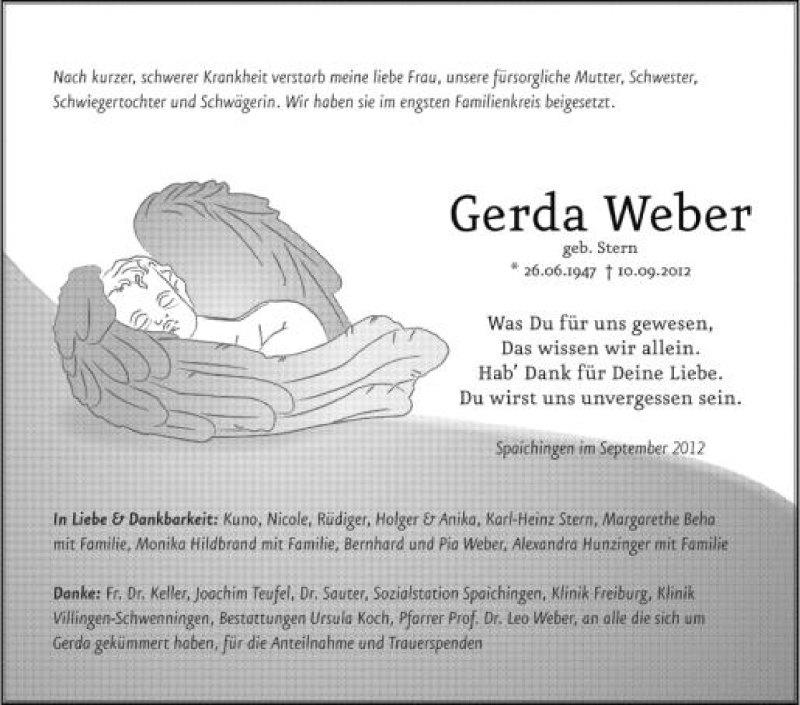 Traueranzeige für Gerda Weber vom 22.09.2012 aus Schwäbische Zeitung