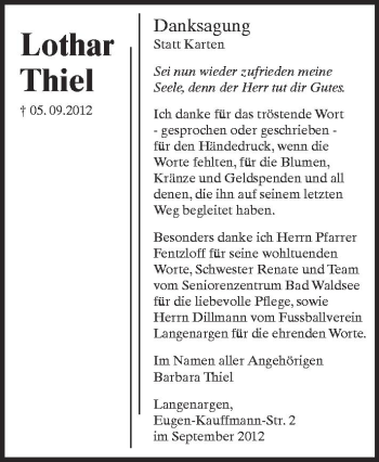 Anzeige von Lothar Thiel von Schwäbische Zeitung