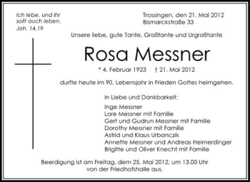 Anzeige von Rosa Messner von Schwäbische Zeitung