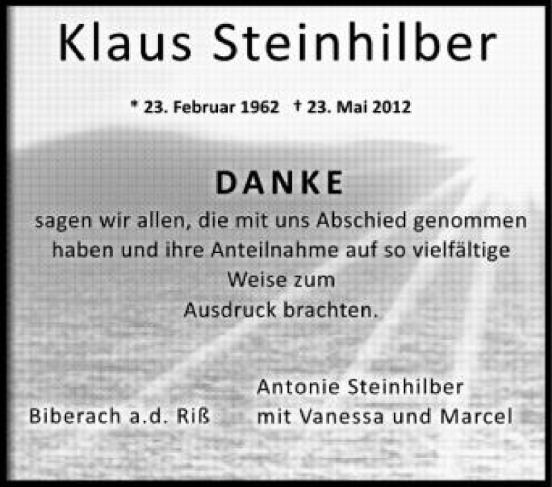  Traueranzeige für Klaus Steinhilber vom 16.06.2012 aus Schwäbische Zeitung