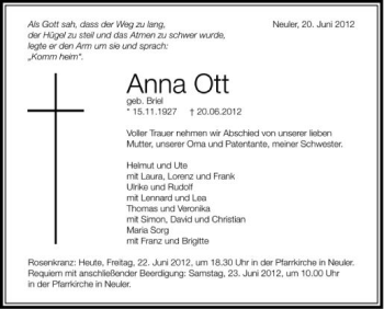 Anzeige von Anna Ott von Schwäbische Zeitung