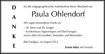 Anzeige von Paula Ohlendorf von Schwäbische Zeitung