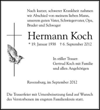 Anzeige von Hermann Koch von Schwäbische Zeitung