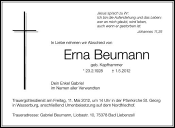 Anzeige von Erna Beumann von Schwäbische Zeitung